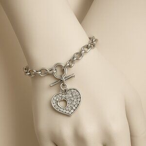 Swarovski Crystals Bangle Bracelet  w/ Heart Charm - Sterling Silver Overlay